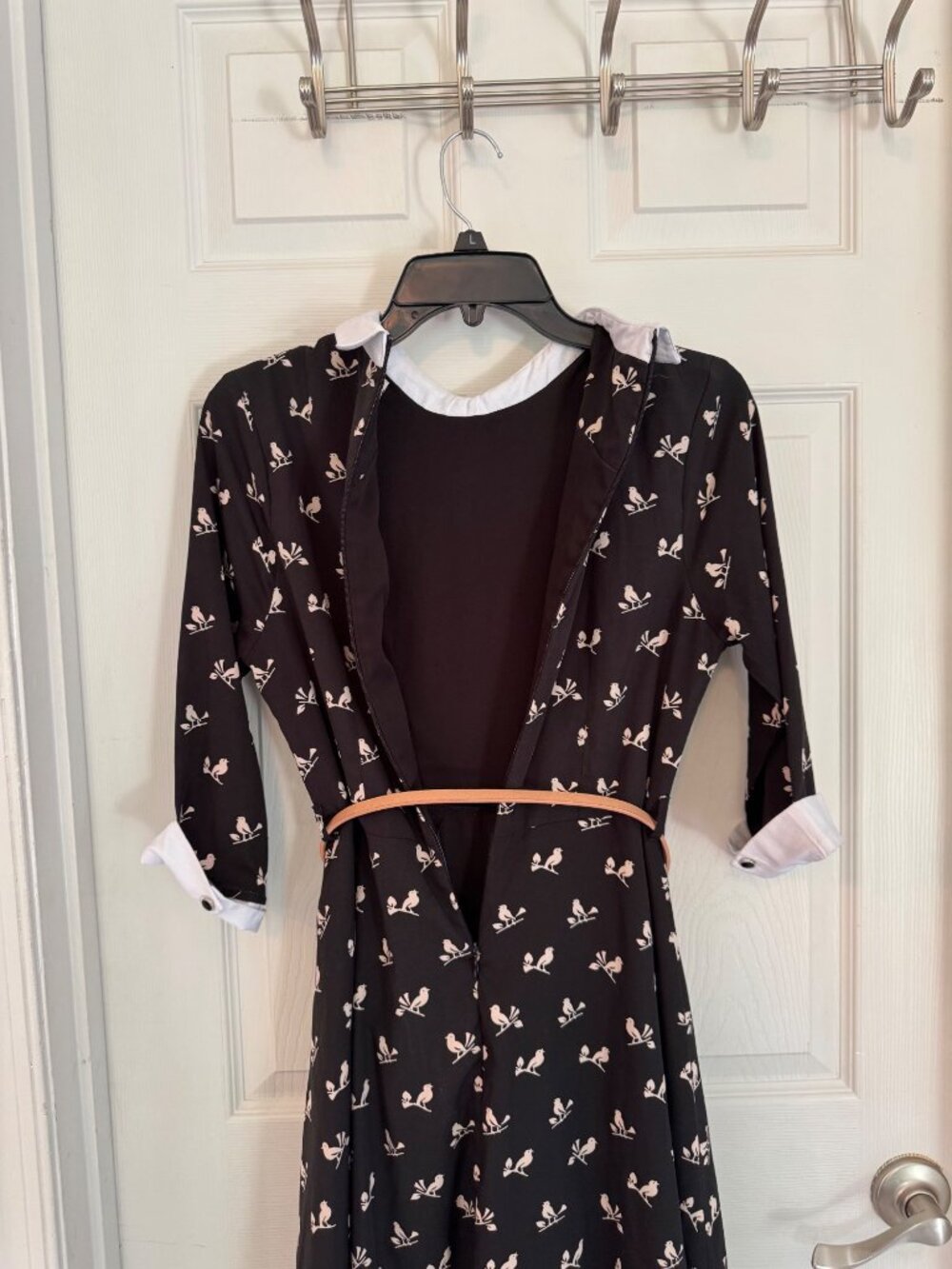 Yumi Bird Print 3/4 Sleeve Navy Blue Mini Length Collared Dress Size 10 - Picture 9 of 9
